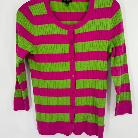 Talbots womens Green Pink Striped Cardigan cable knit sweater Size Small cotton - Picture 4 of 10